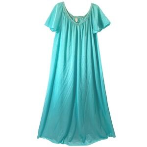 Vintage Monique Maxi Nightgown Women One Size Teal Blue Nylon Lace Trim Lingerie